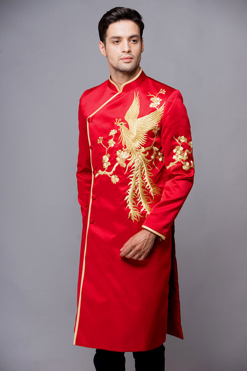 Luxury men's ao dai with a phoenix hand embroidered