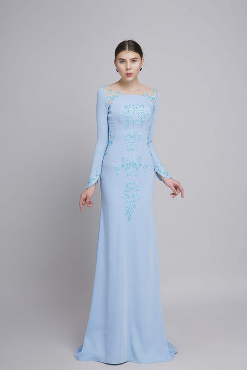 Long sleeves with back cut out mermaid gown