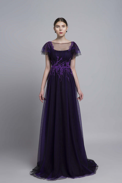 Scoop neck tulle evening dress