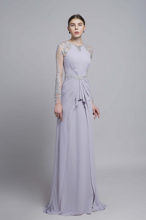 Round neck long sleeves beaded gown
