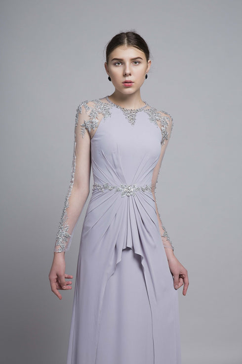 Round neck long sleeves beaded gown