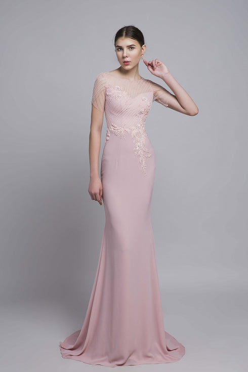 Pink short sleeves beaded mermaid gown