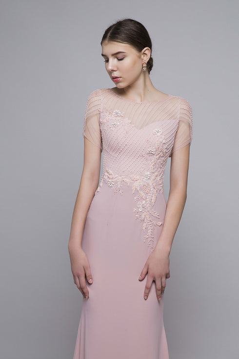 Pink short sleeves beaded mermaid gown