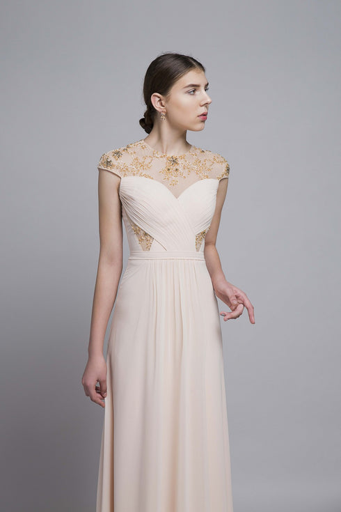 Round neck bodice pleated gown