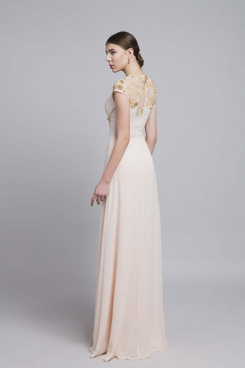 Round neck bodice pleated gown