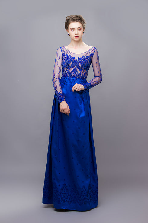 Blue long sleeves beaded dress