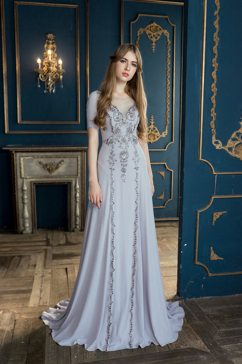 Gray short sleeve beaded evening dress