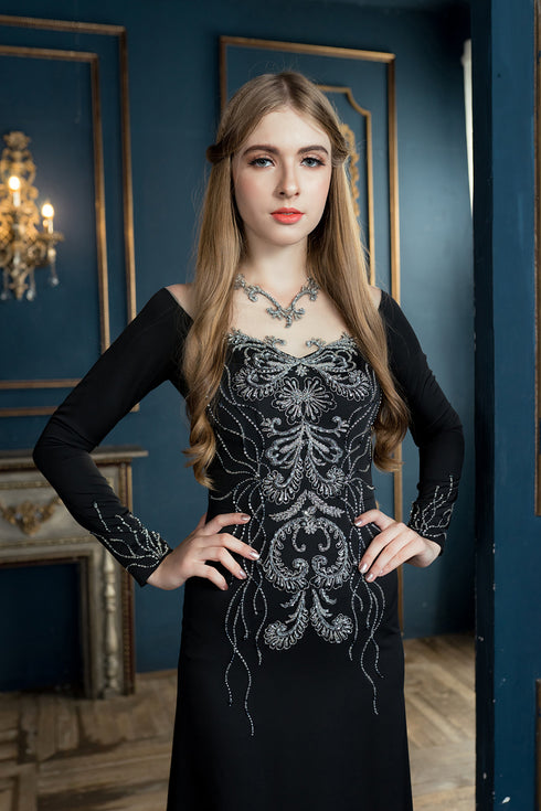 Black sexy V back beaded dress