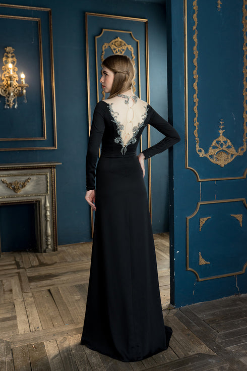 Black sexy V back beaded dress