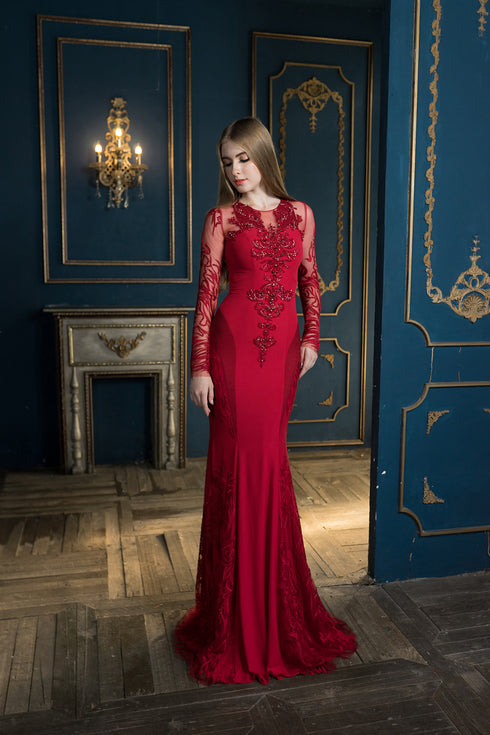 Red elegant long sleeves beaded gown