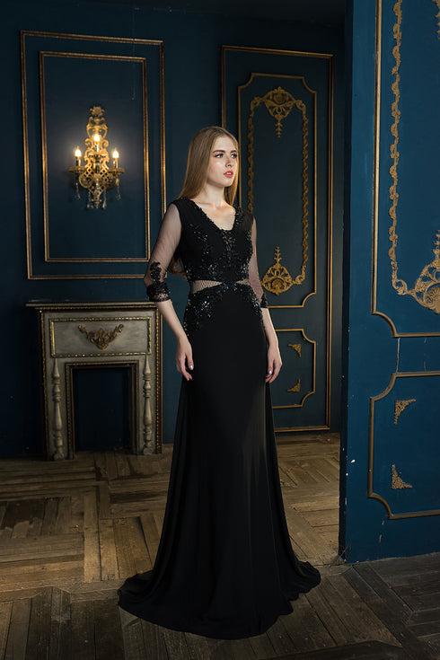 Black V neck cut out beaded dress