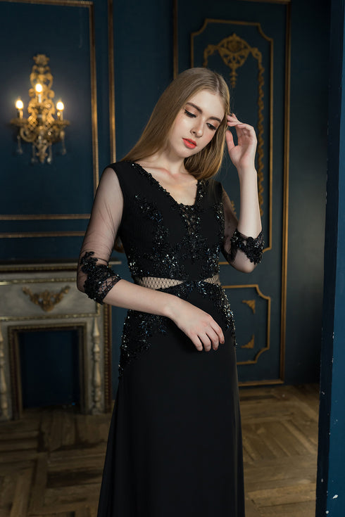 Black V neck cut out beaded dress