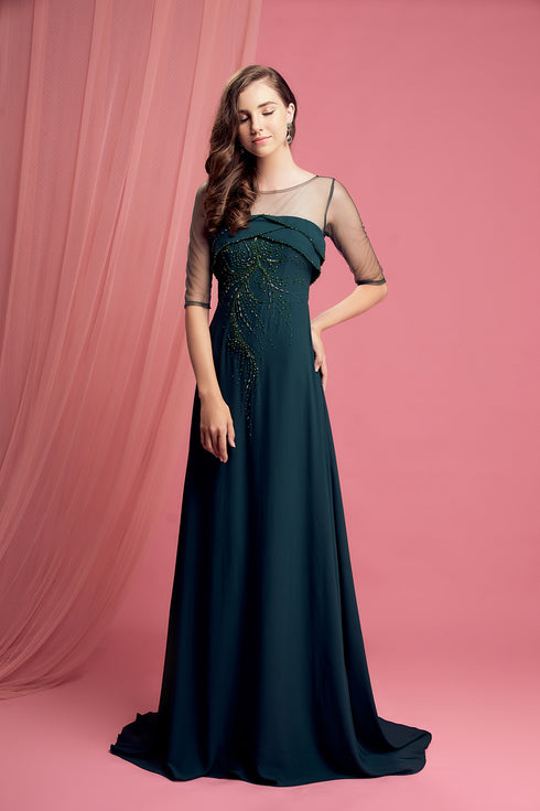 Simple A line half sleeves beaded evening drses