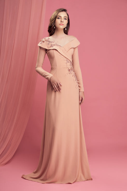 Beige long sleeves beaded gown