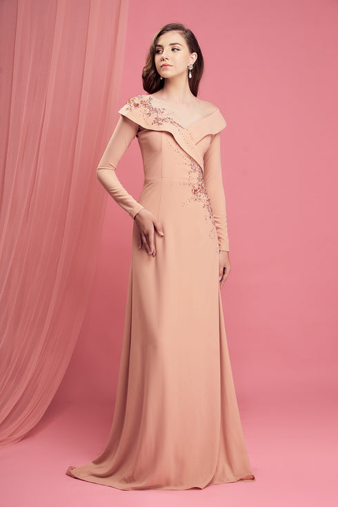 Beige long sleeves beaded gown