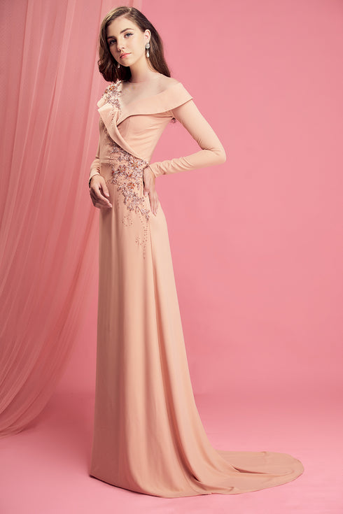 Beige long sleeves beaded gown