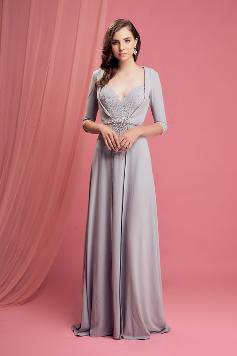 Gray half sleeves beaded dress