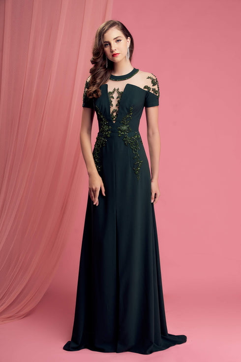 A-line round neck embroidery lace dress