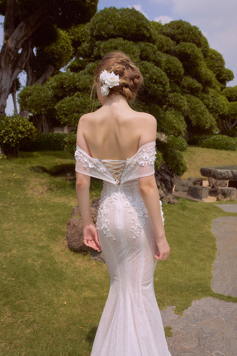 Off shoulder lace appliques mermaid dress