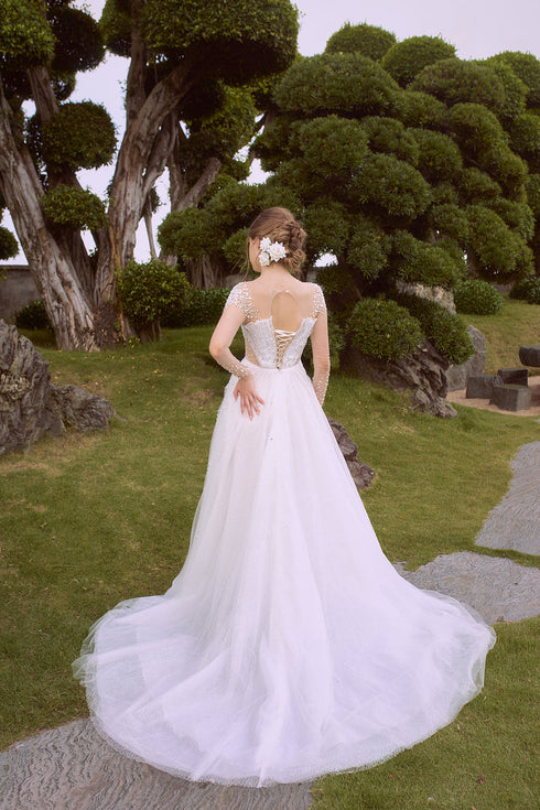 Pleated cut out wedding dress - S