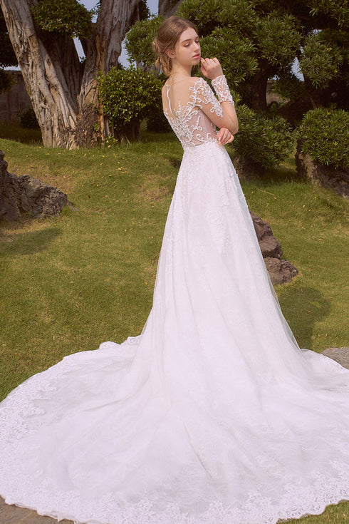 Long sleeves embroidery lace bridal gown - S