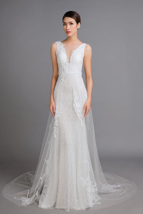 V neck chantilly lace mermaid dress