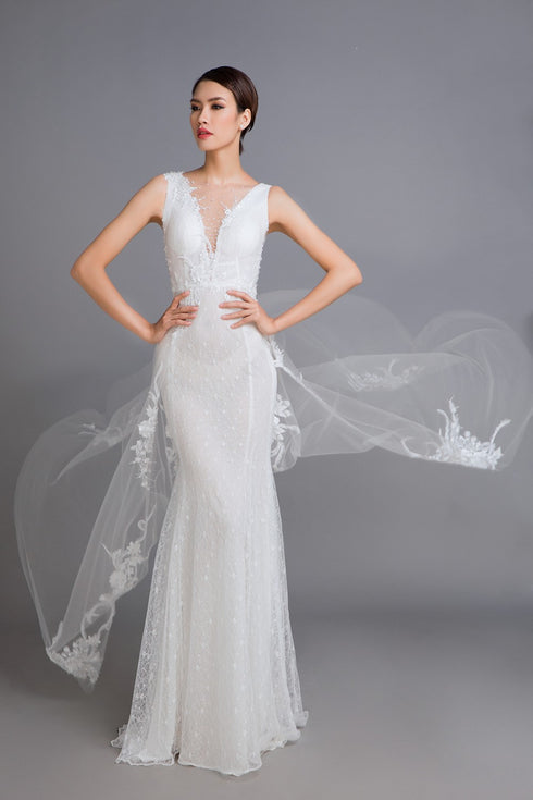 V neck chantilly lace mermaid dress