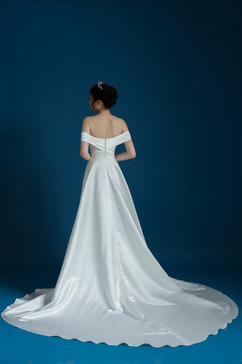 Off shoulder satin wedding dress