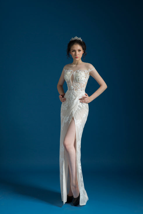 Embroidery lace high slit mermaid dress