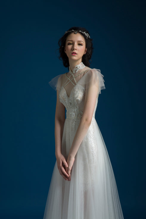 Ball gown tulle sleeves wedding dress