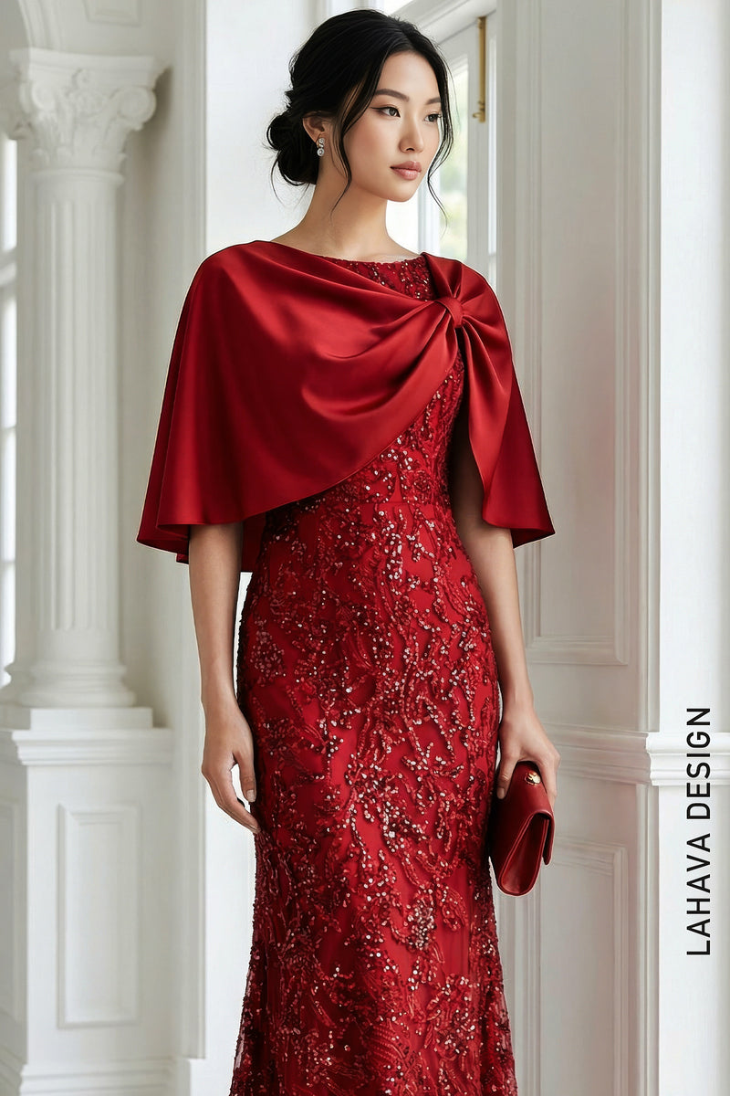 Luxurious Ruby Red Sequin Evening Gown with Satin Capelet – LAHAVA