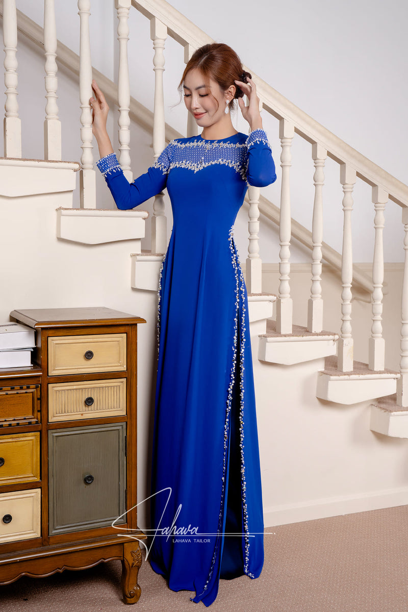 Cobalt blue ao dai with modern cut-out – LAHAVA