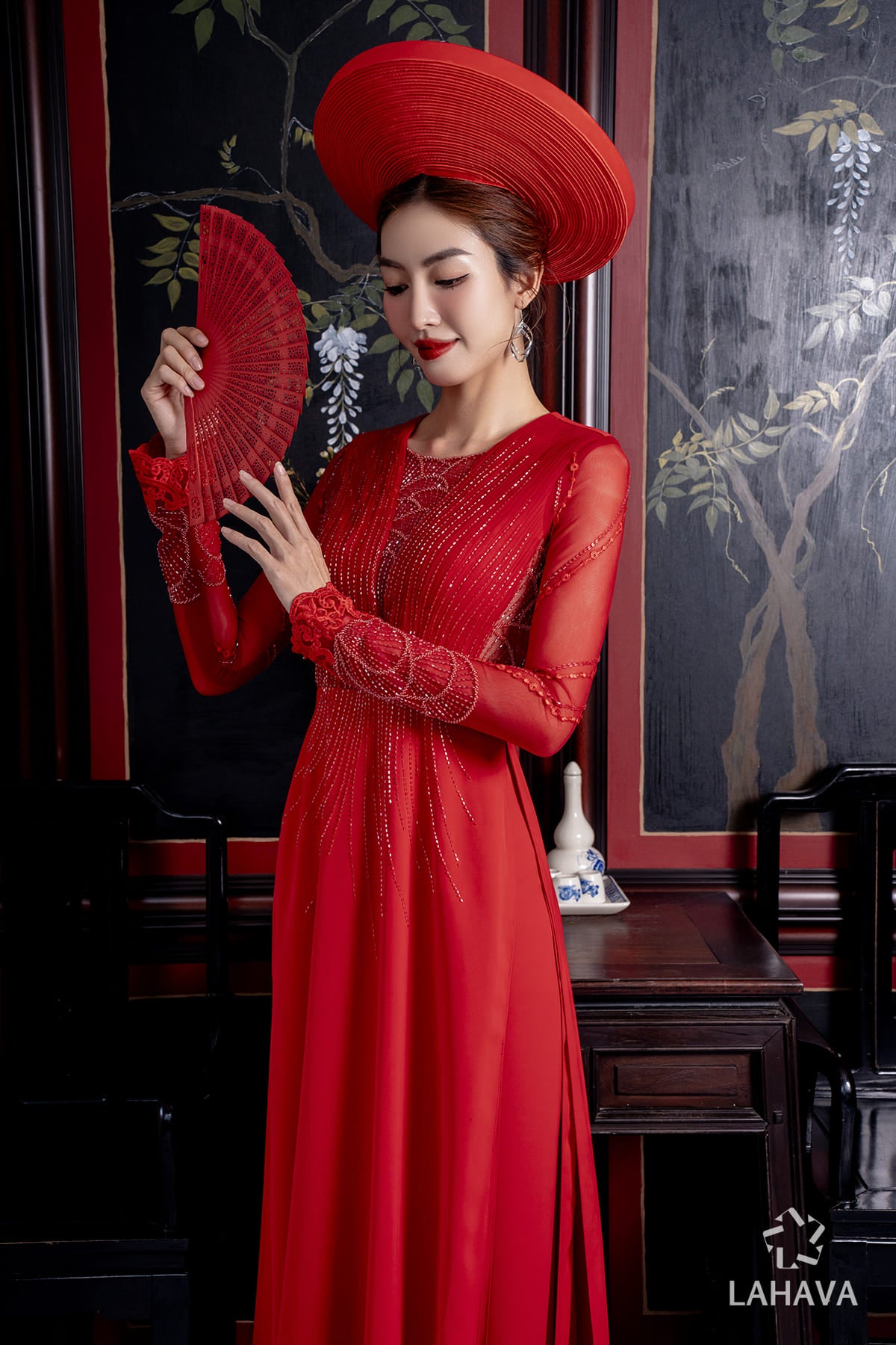 ao dai dress Blue modern party ao dai with lace LAHAVA