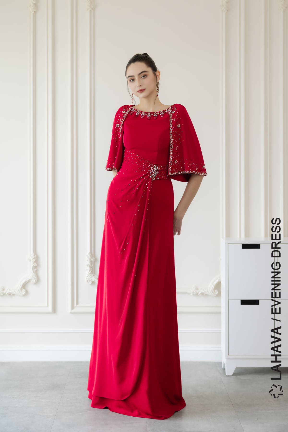 red beaded dress with sleeves Bead Dotted Red Lace Two-piece Long Sleeve Prom Dress