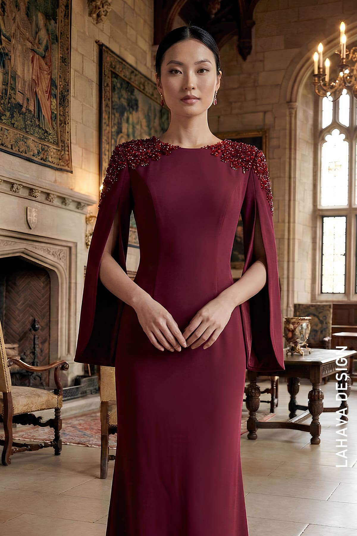 burgundy evening dress with cape Lace Bodycon Wrap Midi Dress in Burgundy
