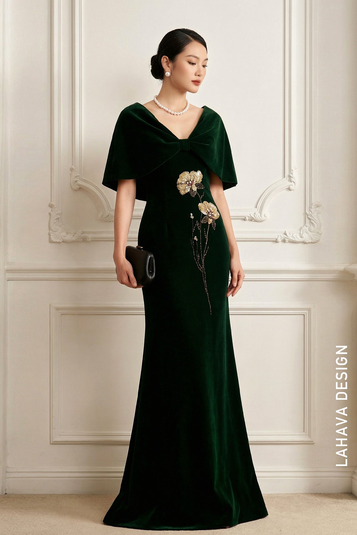 green velvet designer dress Emerald Green Velvet Maxi Dress with a Corset Bustier S main image 1