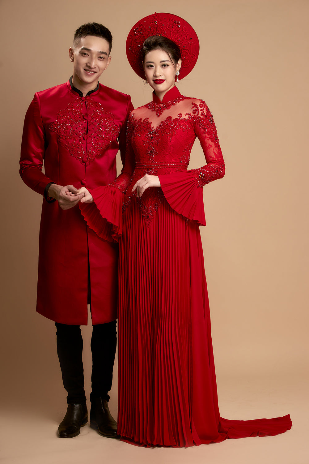 vietnamese wedding dress DreamDress By PMN Lieu Cheongsam Inspired Ao Dai Wedding Dress Gown Illusion Flowers Lace Dress Chapel Cape White Pants | Size: Custom