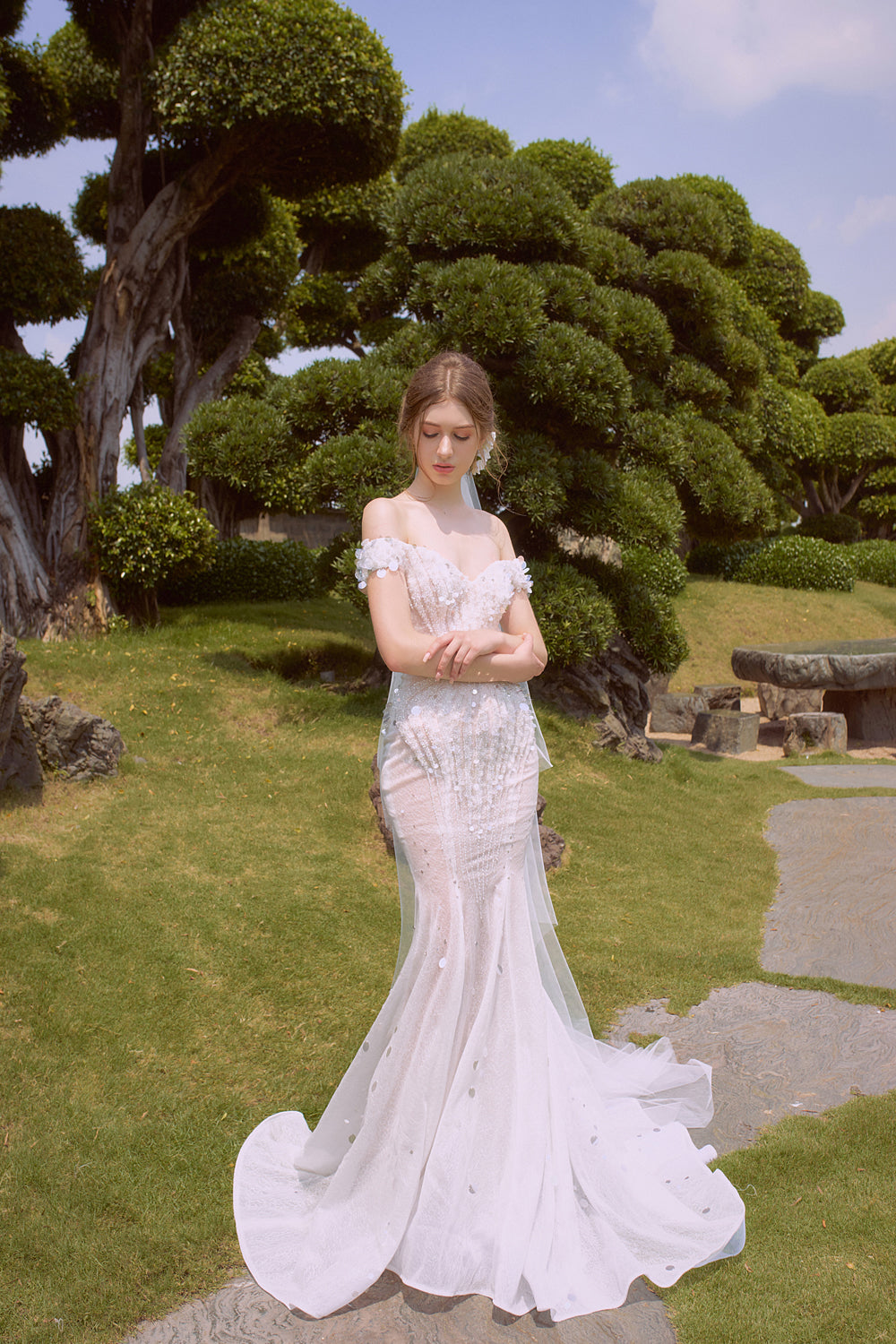 mermaid wedding dress prices Mermaid Deep V-neck Floor Length Tulle Applique Wedding Dress